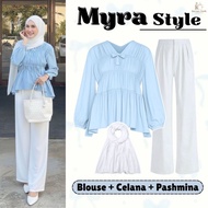 One Set 3in1 Women's Trendy (Rayon Pleated Blouse, Loose Knit Pants, Pashmina Ceruty) Casual Vibes B