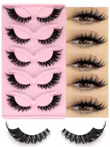 GROINNEYA Cat Eye Eyelashes 5 Pairs Fox Eye Lashes Faux Mink Lashes Fluffy Strip False LashesNatural