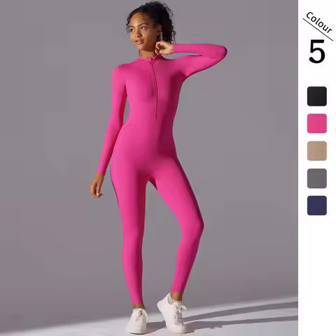 Women Zipper Yoga Jumpsuit Nude Long Sleeve High Intensity Workout One Piece Leotard Fitness Dance G