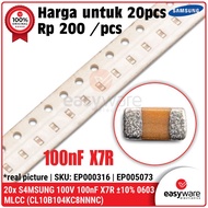 20x SAMSUNG 100V 100nF X7R ±10% 0603 Multilayer Ceramic Capacitor (CL10B104KA8NNNC)