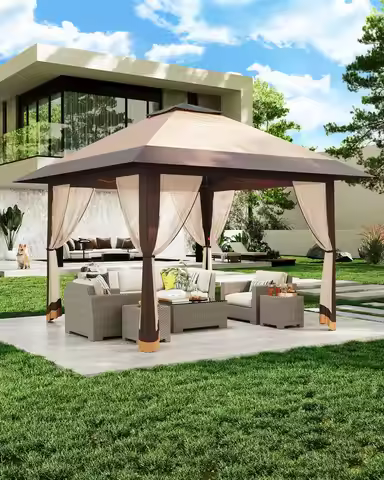13 x 13 Ft Canopy Tent, Pop-Up Gazebo Canopy with 4 SandBags & Mosquito Netting, One-Push Setup, Hei