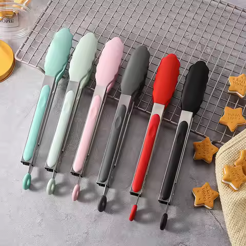 7/9/12inch Stainless Steel Food Clip BBQ Grill Steak Food Clip Silicone Non-slip Handle Bread Tong P