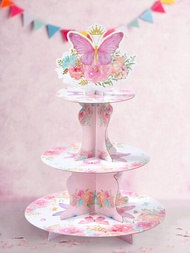 1入組紙質蝴蝶花卉蛋糕架3層杯子蛋糕支架,蝴蝶主題生日派對裝飾婚禮嬰兒派對裝飾,節日蛋糕裝飾