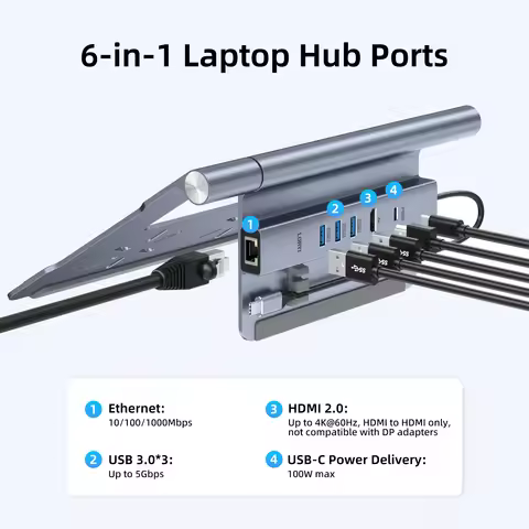 6 in 1 USB C Laptop Docking Stand 4K60Hz HDMI 100W PD 3 USB 3 0 Gigabit Ethernet Aluminum Adjustable