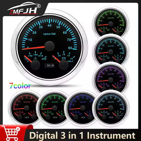 7 Color Backlight 0-8000RPM Tachometer 100-250°F Water Temp Meter 8-16V Voltmeter 3 in 1 Instrument 