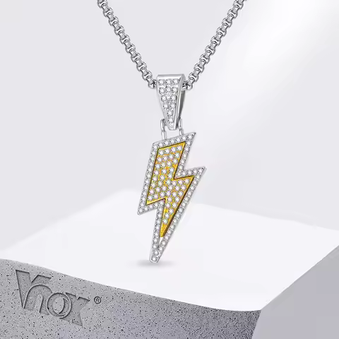 Vnox Hiphop Lightning Pendant Necklace 60cm Stainless Steel Box Chain Cubic Zirconia Chain Jewelry G