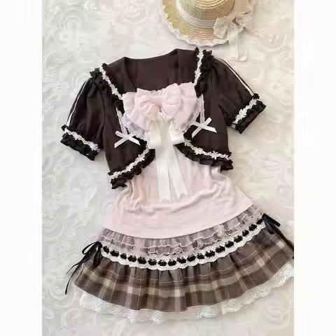 Y2k Sweet Japanese Outfits Women Vintage Lolita Ruffle Tops High Waist Skirt Suits Kawaii Casual 3 P