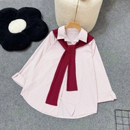 Long-sleeved striped shirt with loose form, soft material mixed with youthful sailor scarf, big size