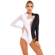 Womens Color Block Patchwork Leotard Sparkling Rhinestone Sheer Mesh Long Sleeve Bodysuit for Gymnastics Acrobatics Dance