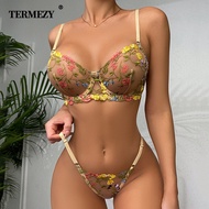 TERMEZY ชุดชั้นในเซ็กซี่ชุดดอกไม้โปร่งใสลูกไม้ Bra กางเกง Brassiere ชุดชั้นในสตรี G-String Temptatio