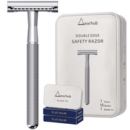 Double Edge Safety Razor Stainless Steel Metal Reusable Wet Shaving Razor with 10 Swedish Platinum B