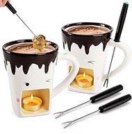 Dicunoy Set of 2 Fondue Mugs with Forks, Ceramic Personal Chocolate Melting Cup for Cheese, Individual Ceramic Butter Warmers Pot, Tealight Candle Mini Simmer Mug for Caramel, Tapas