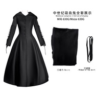 ชุดวampire Gothic สำหรับผู้หญิง สีดำ สไตล์ยุคกลางอายุ ชุดฮาโลวีน คอตตอน แขนยาว เสื้อผ้า Cosplay สำหร