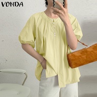 VONDA เสื้อผู้หญิงวินเทจคอกลมแขนสั้นพองหลวมเสื้อสีทึบ (ลำลองเกาหลี)