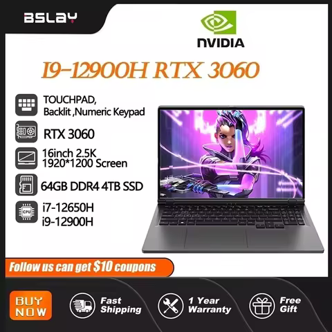 Gaming Laptop 16 inch Intel Core i9-12900H NVIDIA RTX 3060 6G Windows 11 64GB DDR4 4TB SSD WiFi5 BT5