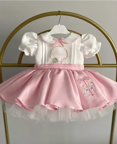 0-12Y Baby Girl Summer Merry-go-round Embroidery White Pink Dress for Party Eid Birthday Photography