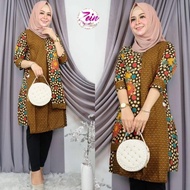 Tunik Tania New Motif Bunga Cokelat Dress Batik Muslim Modern Cantik