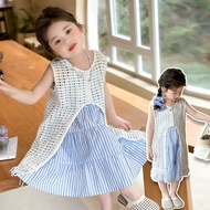 [KIDSWONDERLY] 1100 Issey Blue Striped Crochet Overlay Tassel Dress for Girls