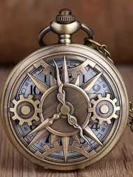 1入組古董蒸汽朋克青銅鏤空齒輪移動石英懷錶吊墜禮品帶鏈子口袋
