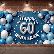 Blue Silver 60th Happy Birthday Party Banner Photography Backdrop 60th Birthday Event Bunting Backgr