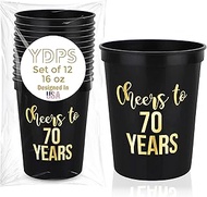 Cheers to 70 Years, 70th Birthday Party Cups, Set of 12, 16oz Black and Gold Stadium 70th Birthday C