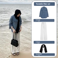 KEMEJA Yasmin Outfit for Women (Denim Shirt, Culottes, Pashmina) One Set Hijab Set