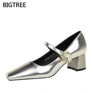 [5.5cm]BIGTREE Women's Chunky High Heels5288-K86Medium Heel Shallow Mouth Square Toe Women's Shoes