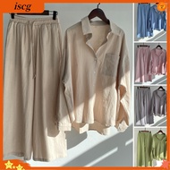 Breathable Solid Color Outfit and Comfortable Matching Set Womens Casual Two Piece Shirt and Wide Le