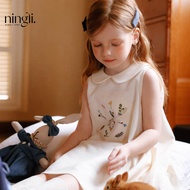 Summer Kid Girl Dress Beige Embroidery Flowers Girl Outfit