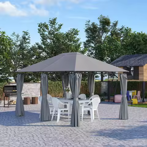 13' x 10' Steel Outdoor Patio Gazebo Pavilion Canopy Tent w/ Curtains Grey