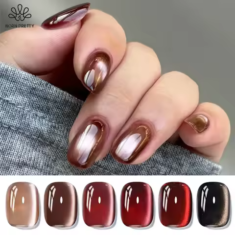 BORN PRETTY 6 Bottle Ebony Rose Glass Bead Cat Magnetic Gel Set Autumn Winter Dark Red Brown Soak Of