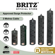BRITZ 3 Meters Black Extension Socket Cord Plug Bar , Surge Protector LED ,  2 / 3 / 4 / 5 / 6 Way