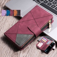Leather Case For Samsung A72 A71 5G A51 A52S A32 A22 A12 A03S  Zipper Lanyard Flip Contrast Color Retro Multiple Card Slots Purple Red Wine Wallet Cover Casing
