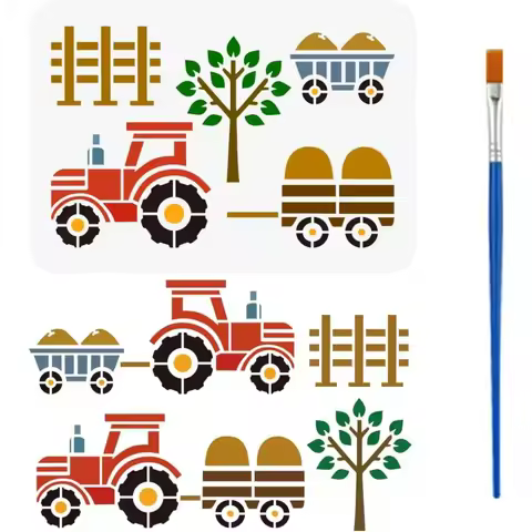 Transportation Stencil with a Paint Brush 11.7x8.3Inch Reusable Tractors Minivans Stencil PET Trees 