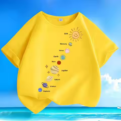 Fun Universe Planet Pattern Children's T-shirt Candy Color Pure Cotton Printed Parent Child Clothing