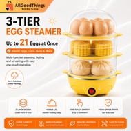 3-Tier Electric Egg Steamer and Boiler, Large Capacity Cooks 21 Eggs at Once Multi-Function Food Ste