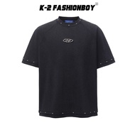 [K-2] Rivets Surround Design Short-Sleeved Top Metal Label Washing Effect Short T Loose Dropped Shou