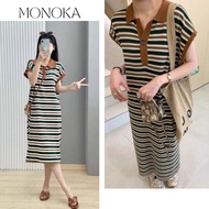 Long straight polo dress with horizontal stripes and brown short sleeve collar with wide slits. Big 