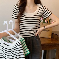 Shein 19011 เสื้อยืดแขนสั้น ผ้าถัก สีสวย ลายทาง เรียบง่าย