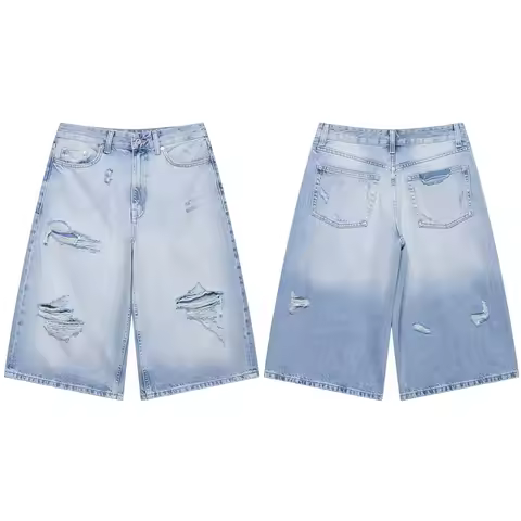 Women's Heavy Industrial Broken Hole Decoration Mid Waist 7 Points Jeans High Street Fashion Washed 