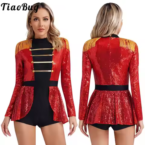 Women Circus Ringmaster Cosplay Costume Shiny Sequins Long Sleeve Fringed Shoulder Leotard Dress Hal
