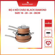 Bộ 4 Nồi Chảo Chống Dính Bếp Từ SUPER CHEF Cao Cấp Tráng Men Black-Diamond 18-20-24-26cm