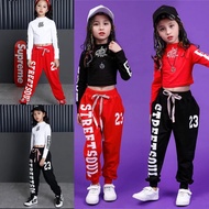 Dance Costume Hip Hop Outfit White Long Sleeve Red + Pants