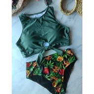 SHEIN Plus Size 0XL Two Piece Green Knot Tie Top with Floral Print Bottom.