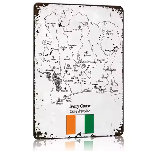 Handdrawn Ivory Coast Map Metal Poster Tin Sign Wall Art Home Decorations Customizable Metal Signs f