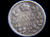 CANADA - 1911年加拿大皇冠橡葉飾紋Oak leaves 10仙(Canadian Silver Cents)銀幣(英皇佐五六世像,首年)
