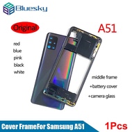 Bluesky A51ดั้งเดิมสำหรับ Samsung Galaxy A51 2020 A515F ฝาหลังที่อยู่อาศัยโครงส่วนกลางฝาหลังกรอบ + ชิ้นส่วนกล้องเลนส์ซ่อม