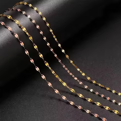 Real 18K Gold AU750 Yellow Lip Tile Chain Necklace Dainty Sparkling Clavicle Chain for Women Fine Je