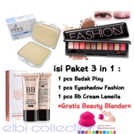 Paket Makeup 3 Set / Eyeshadow Fashion - Bedak Pixy - BB Cream Lamiela - Gratis Beauty Blender