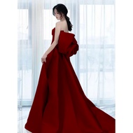 Wine Red Evening Gown Bride New Graceful Bow Evening Gown